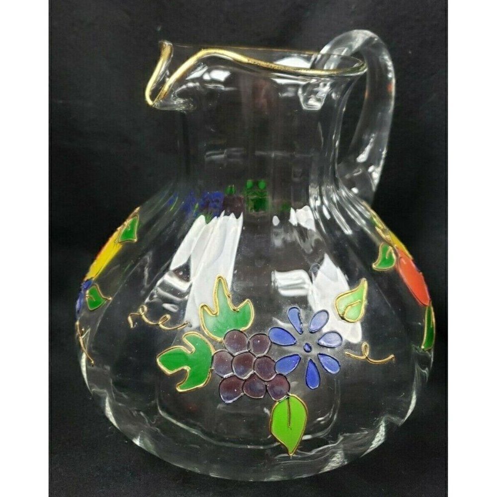 RARE Vintage Romanian Hand Painted Fifth Avenue Crystal Ltd 8" Pitcher Gold Trim